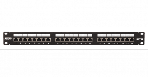 Коммутационная панель NETLAN 19, 1U, 24 порта, Кат.5e (Класс D), 100МГц, RJ45/8P8C, 110/KRONE, T568A/B, экранированная, черная